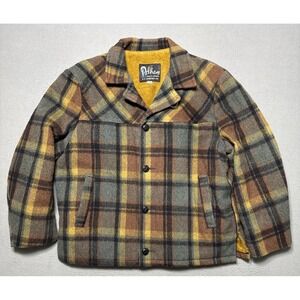 VTG Pelham‎ Wool Blanket Coat Jacket Mens 46 Brown Plaid Heavy Academia Outdoor